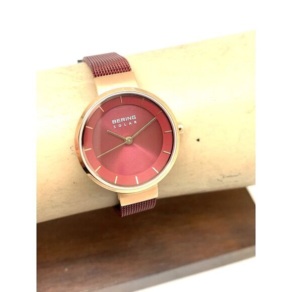 Bering Women's Watch 14627-363 Solar Rose Gold Red Mesh Steel Band 27mm - Picture 10 of 13